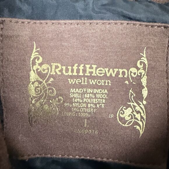 Ruff Hewn Full Zip Jacket Wool Blend Elbow Patch Womens L Brown Plaid Zip Pocket - Picture 8 of 13